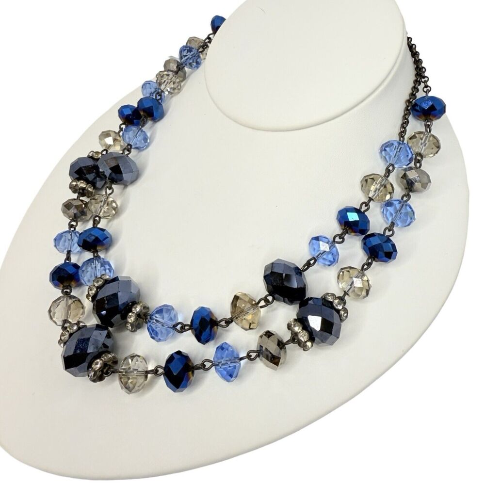 Vintage Crown Trifari Blue Crystal Layered Necklace 18" Beaded 2 Tier Gunmetal - Picture 6 of 8